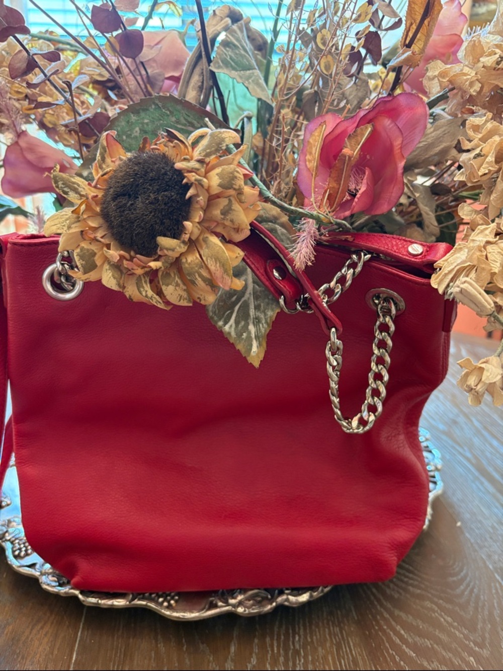 Michael Kors Red Leather Shoulder Bag with Gold Chain Handles
